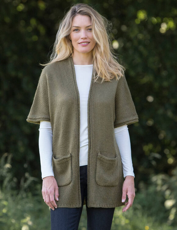 Gilet long ouvert manches courtes toucher doux (vert olive) Gilet long ouvert manches courtes toucher doux (vert olive)